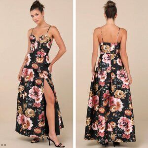 Lulus Confident Delight Black Floral Bustier Maxi Dress NWT